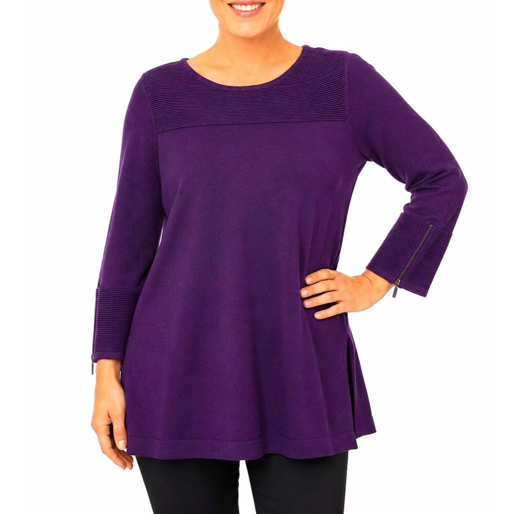 Alfani Womens Sweater M Purple 3/4 Sleeve Round Neck Knit Zipper Accents